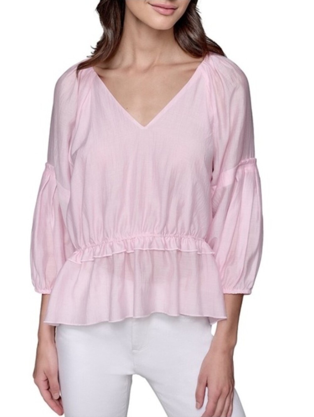 Karl Lagerfeld Light Pink V-Neck Peplum Blouse